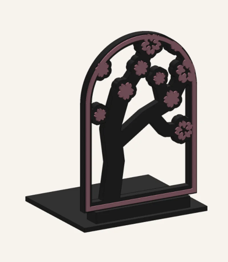 Render of an arched bookend with a cherry blossom branch and pink blossoms